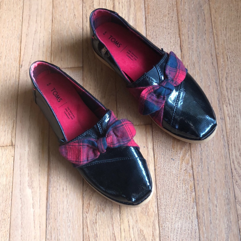 Toms Black Patent Leather Plaid Bow 9 New! 🎄🎄🎄Holiday Ready!